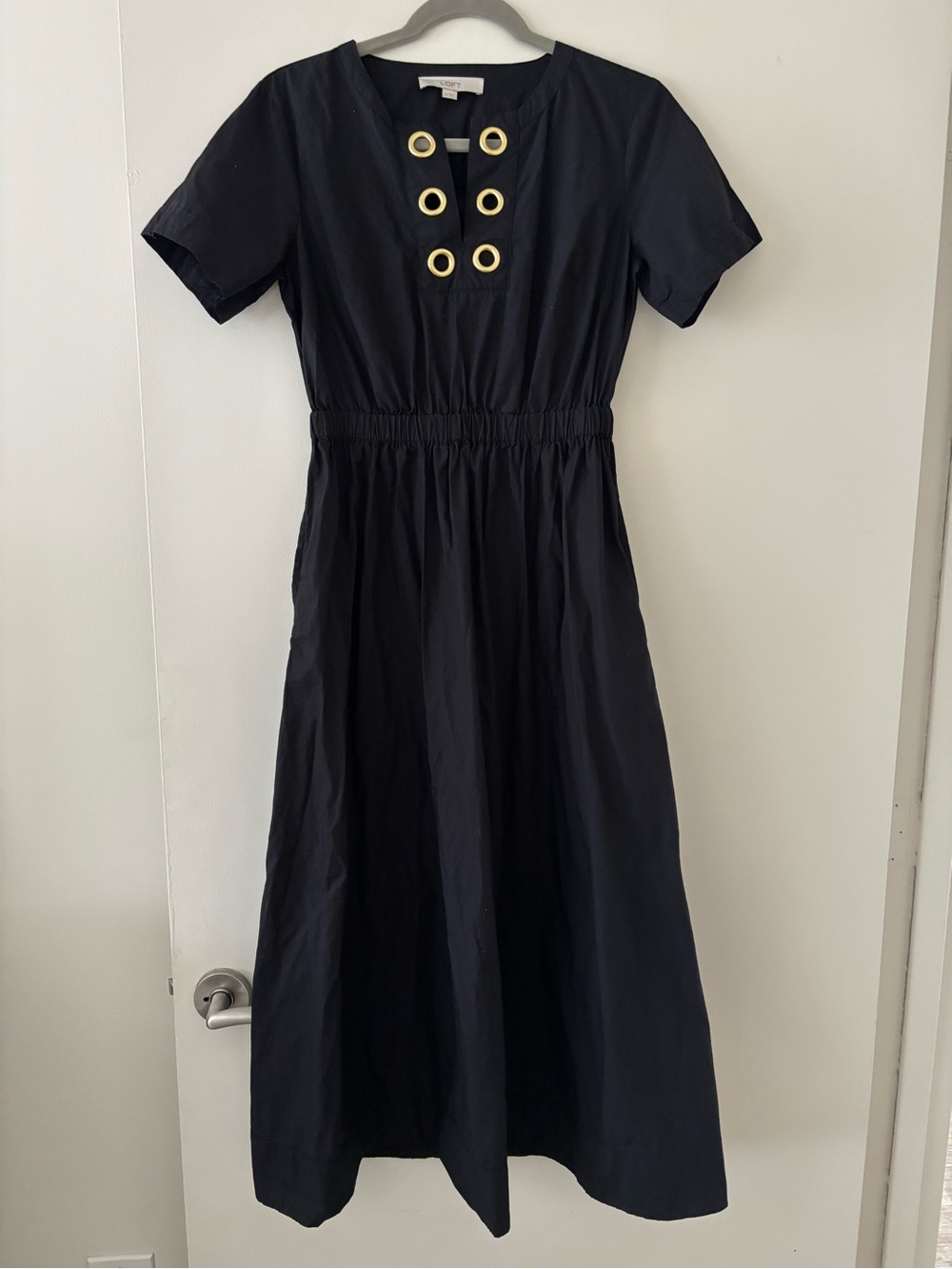 LOFT Black Short-Sleeve Midi Dress with Gold Eyelet Detail